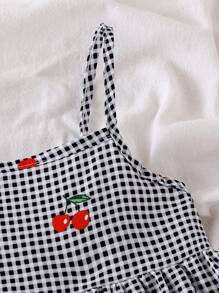 SHEIN Vintaside Kids Conjunto de 2 piezas de camisola y pantalones cortos con estampado de cereza a cuadros en negro y blanco para niña, transpirable y cómodo para el verano
