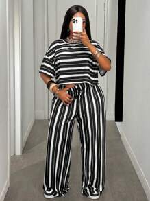 Slaydiva 2 Stücke/Set Damen Große Größen Schwarz & Weiß gestreifter Muster, locker geschnittenes Crop Top mit Dropped Shoulder und weite Hose, lässiger Anzug, Frühling/Sommer gestreiftes Zweiteiler Set Schwarz und Weiß, Zweiteiler Hosen Set Damen weite Beine, Schwarz und Weiß Zweiteiler Set - Schwarz und Weiss - Übersicht 5