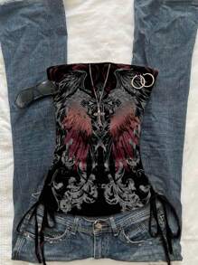 SHEIN EZwear Parte superior corta casual de mujer con estampado de alas de ángel retro punk y empuñadura fruncida con lazo delantero