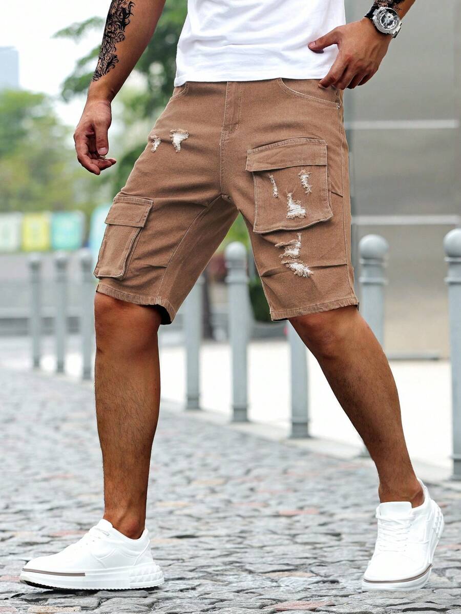 Manfinity Homme Short en jean ajusté avec poches cargo et effet délavé pour hommes - Marron - Voir 1