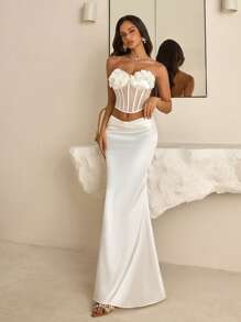 Vowa Vestido minifaldero blanco, de estilo de top de sujetador, de malla brillante y tejido de malla, con diseño floral 3D, de vanguardia, sexy y de moda, apto para discotecas, fiestas, vacaciones y cócteles.