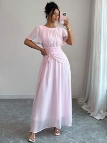 Elenzga Vestido largo con mangas paragua, cuello redondo, cintura recogida y cordón para mujer, de estilo francés romántico siciliano, elegante y casual, ideal para ir al trabajo, vacaciones, tarde de té