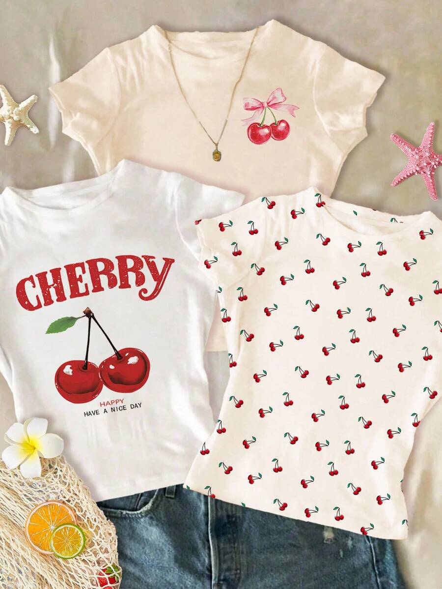 SHEIN 3 件套 Tween 女童复古樱桃印花修身休闲圆领长袖 T 恤，白色、奶油白色、奶油黄色，舒适夏装 - 彩色 - 查看 1