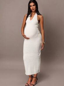 MaterniChic Maternity White Dresses Solid Color Backless Halter Neck Maternity Knitted Dress - Apricot - View 3