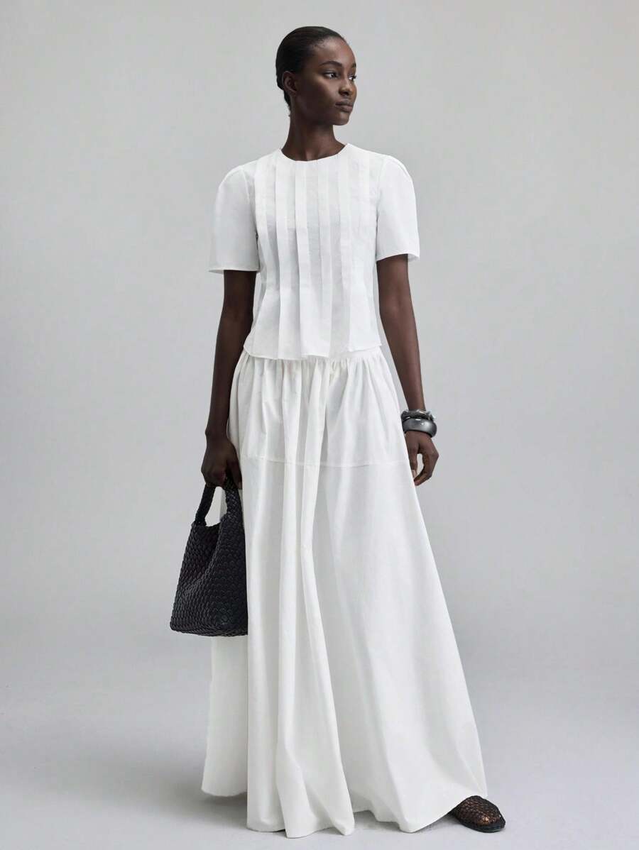 Ontre Ropa de mujer Otoño/Invierno 2025, Prendas de vestir de mujer Otoño/Invierno, Vuelta al colegio, Halloween, Navidad, Casual de negocios, Retro, Elegante, Versátil, Ropa básica, Ropa de Nashville, Cuello redondo, Manga corta abullonada, Plisado, Blusa de unicolor, Vestido formal, Versátil, Viaje diario