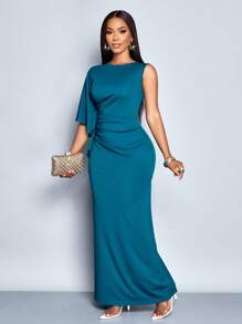 SOLERSUN Đầm Maxi Xếp Ly Tay Cánh Dơi Trơn Màu Trơn Không Đối Xứng Thanh Lịch Cho Nữ - Màu xanh ngọc - Xem 5