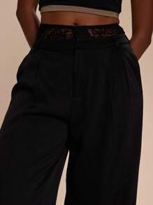 MUSERA Hochtaillierte Spitzen Doppelschicht Weite Hose, Sommer, süß, Urlaub, sexy, Feiertag, schick, Old Money, Business Lässig, elegant - Schwarz - Übersicht 5