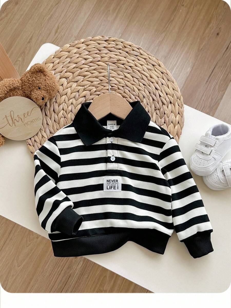 秋冬休闲可爱百搭黑白条纹拼接长袖 Polo 领卫衣，适合幼儿男孩/女孩，适合幼儿园