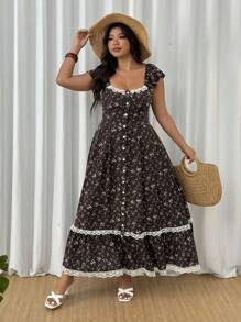 SHEIN SunnyBelle Plus Size Sweetheart Collar Button Faux Placket, Cap Sleeve, Ditsy Floral & Lace Trim Shirred Waist Dress