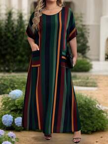 EMERY ROSE Plus Size Women Casual Striped Round Neck Pocket 3/4 Sleeve Dress, Suitable For Vacation - Multicolor - View 1