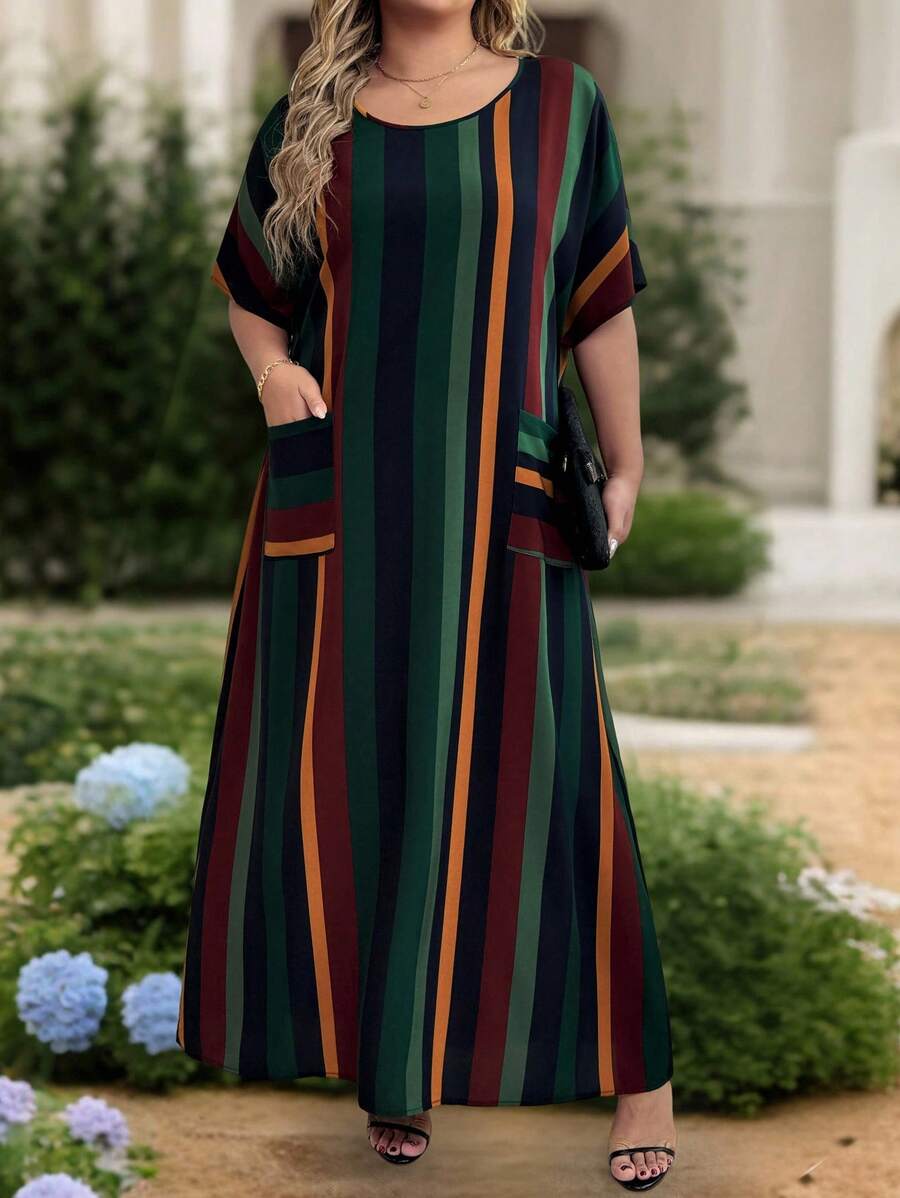EMERY ROSE Plus Size Women Casual Striped Round Neck Pocket 3/4 Sleeve Dress, Suitable For Vacation - Multicolor - View 1