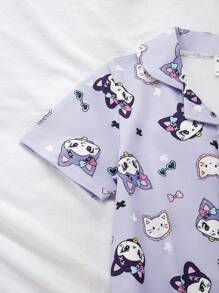 少女系紫色暗猫印花可爱甜美开襟简约短袖长裤家居服，萌系甜美系列