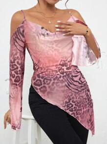 SHEIN Essnce Knit Mesh Printed Blouse, Fashionable For Women Summer - Pink - View 4