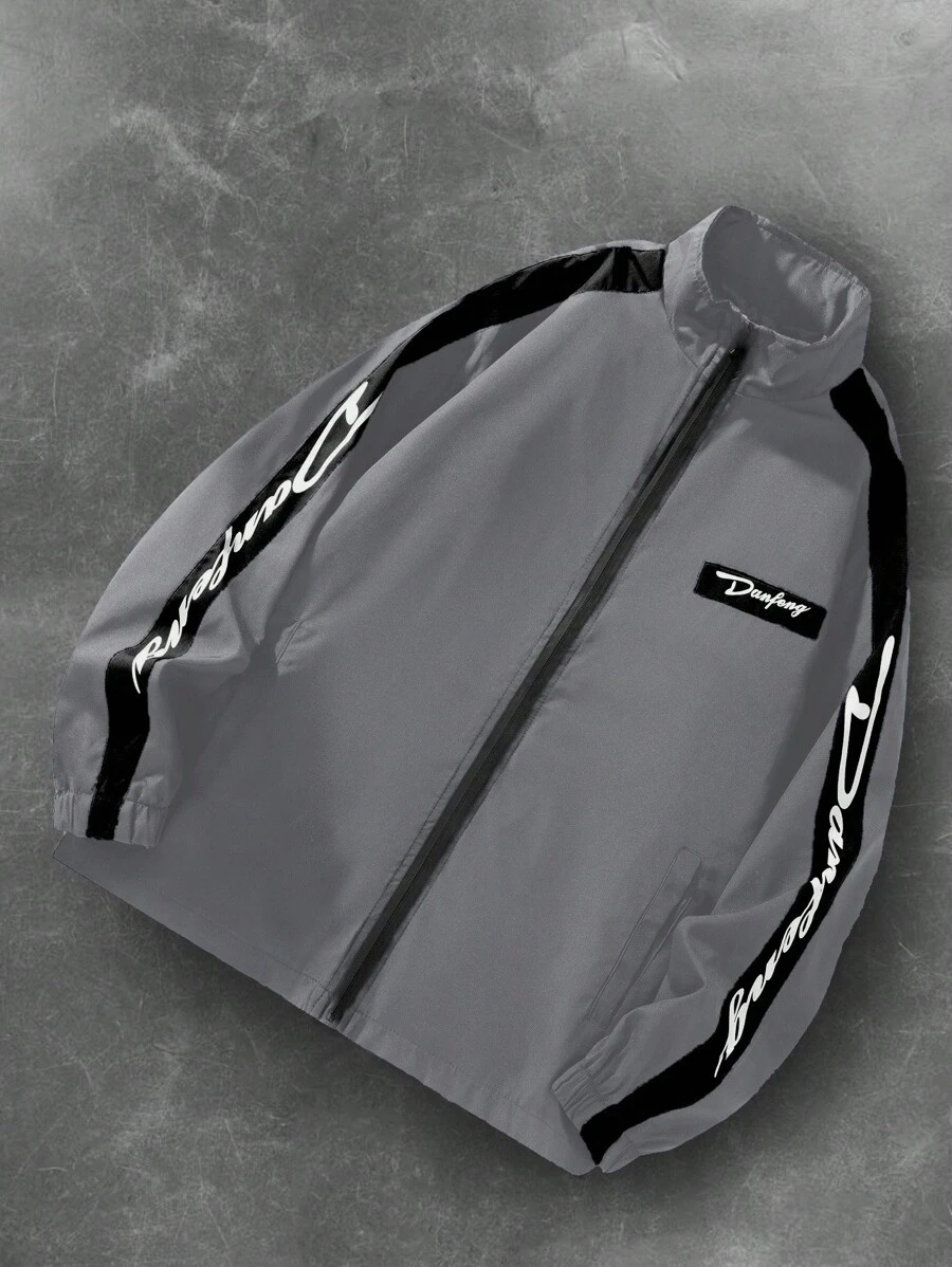 Manfinity EMRG 男士字母印花长袖拉链休闲宽松夹克拉链夹克灰色拉链夹克风衣拉链风衣，男士风衣夹克，灰色拉链，跑车夹克，秋季 - 灰色 - 查看 1