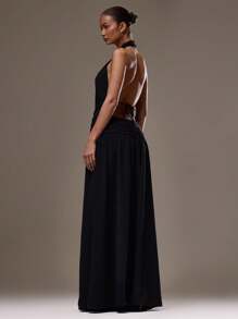 Musera Resort 露背吊带露肩前开衩宽松长裙，抽象印花，裙摆开衩，春夏度假性感波西米亚风伊比沙岛音乐节海滩泳装罩衫，约会之夜优雅假日长裙 - 黑色 - 查看 4