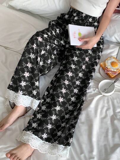 DAZY 女式花卉印花撞色孔眼刺绣睡裤，度假风格，秋季