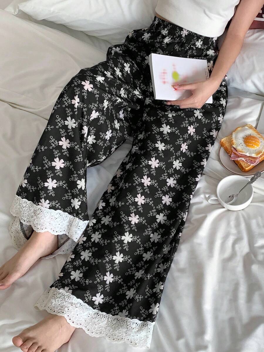 DAZY 女式花卉印花撞色孔眼刺绣睡裤，度假风格，秋季