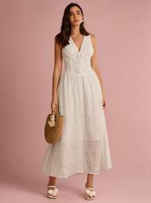 Enchnt Women's White Floral Summer Cottage Core Tea Party Holiday Dress, Hollow Embroidered V-Neck Sleeveless Bowknot Tie Maxi Dress,Wedding Guest - White - View 5