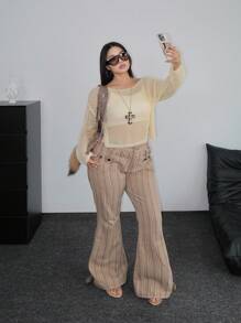 POPSWAY 1pc Women's Plus Casual Loose Comfortable Hollow Out Vacation Sweater Knit Pullover Fall Winter Autumn - Yellow - View 6