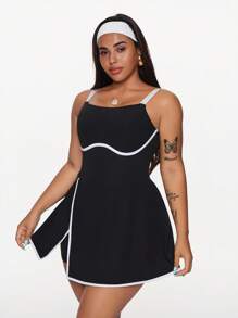 SHEIN Sport Studio Vestido sin mangas con bloque de color para mujer talla grande, con abertura en el dobladillo, shorts incorporados y bolsillos, para primavera/verano
