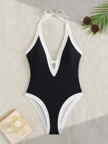 Bonvoyette 1 pieza Traje de baño elegante de una sola pieza para mujer, color negro y blanco en contraste, con tirantes y espalda descubierta, estilo de vacaciones de verano