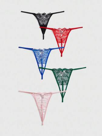 Set de 5 bragas sin entrepierna con encaje de pestañas, mariposa, cadena de metal y moño