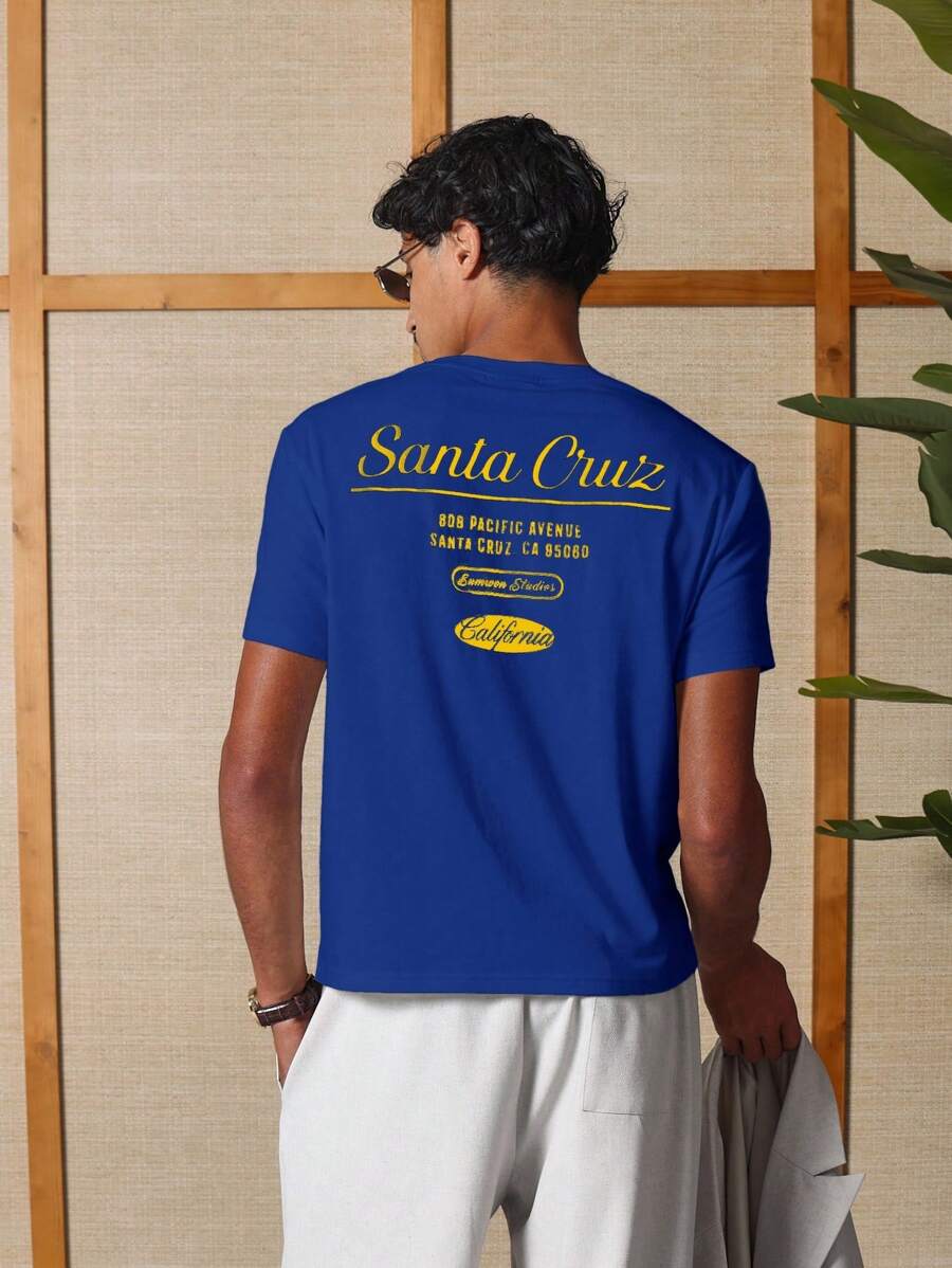 SUMWON Santa Cruz Retro Summer Graphic Tee Pacific Avenue California Print Shrunken Fit Short Sleeve Classic Streetwear T-Shirt - Blue - View 1