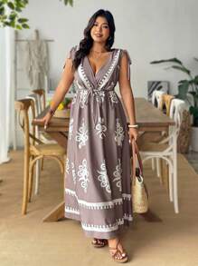 SHEIN LUNE Plus Size Women's White Summer Boho Vacation Holiday V-Neck Drawstring Cinched Waist-Up Ankle Length Casual Resort Printed Woven Dress - Multicolor - View 6