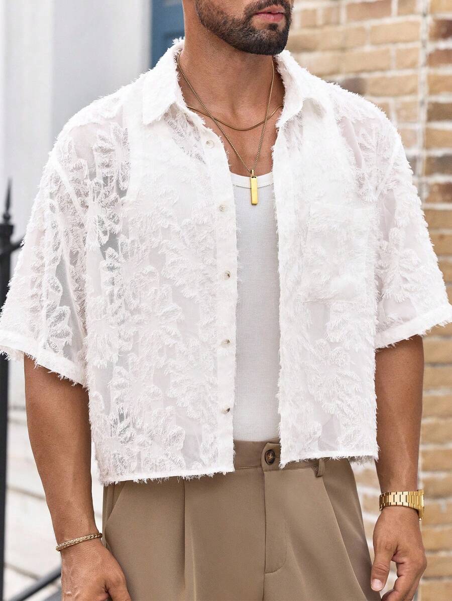 Manfinity BRENVOR 男士休闲镂空宽松落肩短袖梭织衬衫男士蕾丝衬衫男士蕾丝网眼衬衫白色蕾丝衬衫男士男士网眼衬衫男士透视衬衫男士纹理蕾丝衬衫 - 杏色 - 查看 1