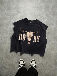 StoneGrade 复古做旧牛角字母图案印花超大无袖短款背心图案短款上衣男士短款上衣图案 T 恤肌肉 T 恤 - 黑色 - 查看 4