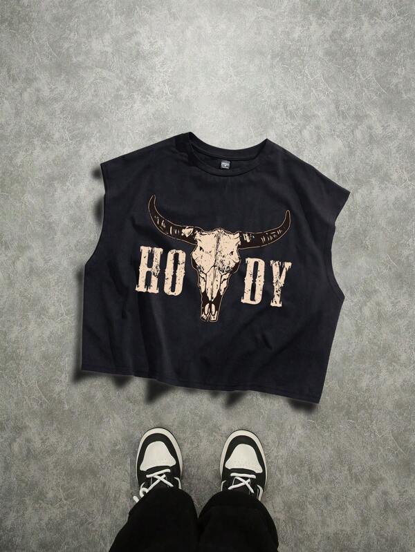 Manfinity ZONE917 Camiseta de tirantes corta gráfica con estampado de alfabeto de cuerno de buey vintage desgastado para hombre