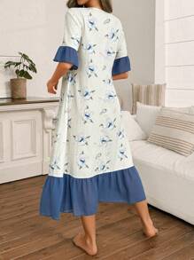 SHEIN Camisón de mujer holgado de manga larga con estampado floral y dobladillo con volantes en contraste