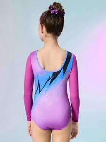 SHEIN Tween Girls' Fitted Gymnastic/Latin Dance Crew Neck Long Sleeve Top, Mesh & Rhinestone Heart Print, Comfortable Stretch, (Purple Ombre Print), Leotard - Purple - View 2