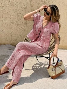 SHEIN Frenchy 2 件套女士夏季条纹蝴蝶结前系带泡泡袖短袖衬衫和裤子套装 - 酒紅色 - 查看 3