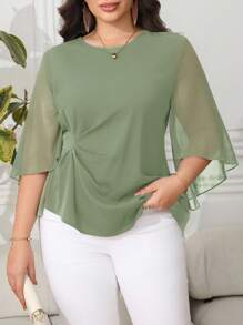 Reflora Blusa Elegante Plissada de Manga Flare com Gola Redonda e Tela em Cor Sólida para Mulheres Plus Size, Blusa de Chiffon para Professoras - Verde Menta - Visão 3