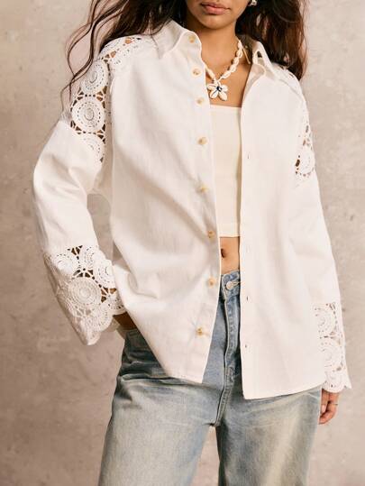 Easelle 复古游牧风格蕾丝拼布袖口和身体宽松衬衫