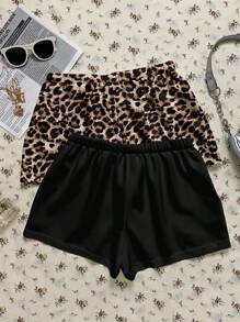 SHEIN EZwear 2pcs/Set Women Leisure Sports Leopard Print & Stripes Pattern Button-Up Tie-Front Shorts Set, Suitable For Summer Back To School - Black - View 8