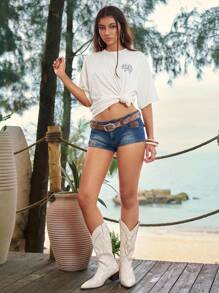 ROMWE The White Lotus 女士夏季休闲字母花卉印花圆领短袖T恤 - 米色 - 查看 9