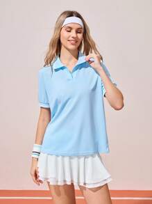 CourtClass Women's Striped Short-Sleeved Casual Sports Polo Shirt, Women's Golf Top, Women's Polo Shirts - Blue - View 4