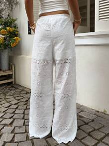 SHEIN EZwear Elegant White Lace Embroidery Elastic Waist Wide Leg Women's Pants,Summer Outfits For Women