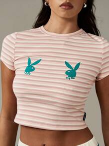 Missguided x Playboy Bunny Stripe Ribbed Crop T-Shirt Summer Festival Graphic Tee Retro Y2K Style Casual Streetwear - Multicolor - View 6
