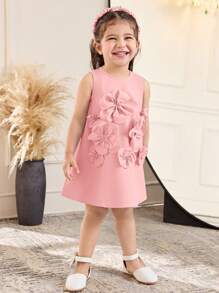 SHEIN Robe décontractée à encolure ronde et sans manches pour bébé fille avec décoration de fleur 3D - Rose bonbon - Voir 4