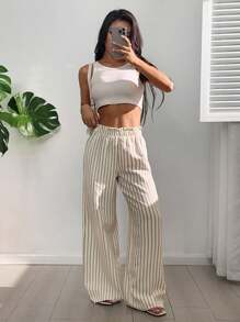 SHEIN EZwear Pantalones casuales de pierna ancha a rayas para mujer, ideales para ir y venir