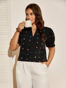 EMERY ROSE 大码女式编织花卉印花休闲夏季衬衫，适合新年、情人节、感恩节、圣诞节、复活节、国庆节、联欢晚会、除夕夜、圣诞派对、圣诞装饰、圣诞睡衣、家居春假情人节爱之吻玫瑰 - 黑色 - 查看 6