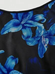 SHEIN MOD Plus Size Retro Navy Blue & Burgundy Plus Size Floral Pattern Elegant Mesh Strap Dress Blue Lily Print Dress Blue Floral Dress Ankle Length Dress Blue Floral Maxi Dress Blue Lily Dress