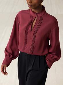 SHEIN Privé Brick Red Minimalist Ruffle Collar Pleated Design Casual Long Sleeve Blouse For Women Fall Cloth For Women - Burgundy - View 6