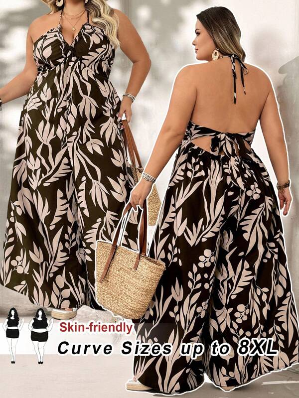 SHEIN CURVE+ Mono con tirantes finos y estampado floral en talla grande, para el verano