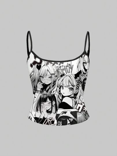 Sexy Cute Anime Inspired Black & White Kawaii Girl Print Ladies' Camisole Tank Top