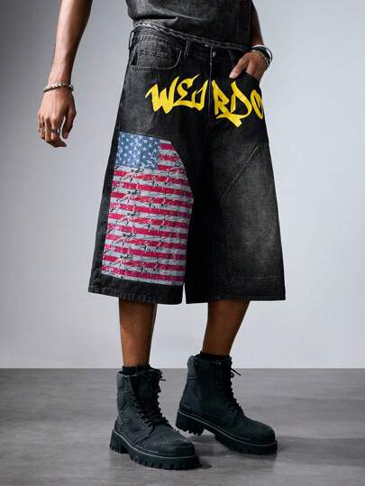 Street Life Men's American Flag & Letter Print Denim Shorts