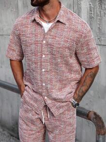 Manfinity Homme 大码男士夏季短袖单排扣衬衫和裤子休闲两件套 - 紅色 - 查看 5